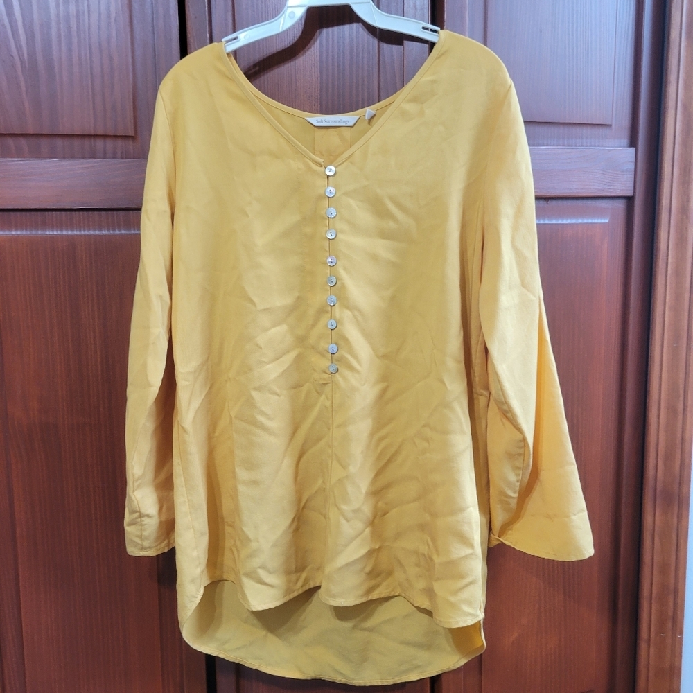 Soft Surroundings Yellow Lyocell Button Up V Neck Long Sleeve Tunic | Small